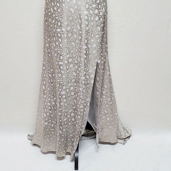 SATIN Snakeskin Silver Sequin Beaded Backless Side Slit Racerback Maxi Dress XS - Picture 8 of 16